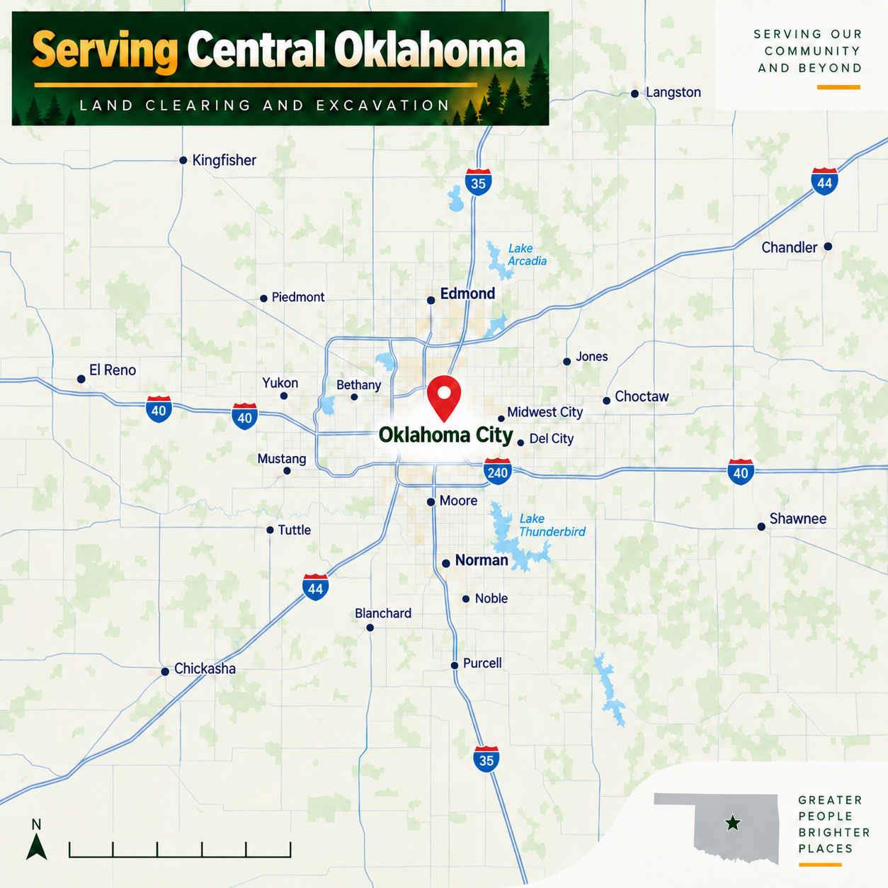 Map of the Key Land Services service area covering Oklahoma City, Edmond, Norman, Moore, Yukon, Choctaw, Shawnee and surrounding central Oklahoma towns