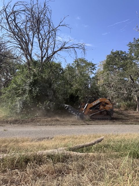 Track loader clearing brush along a roadside fence line