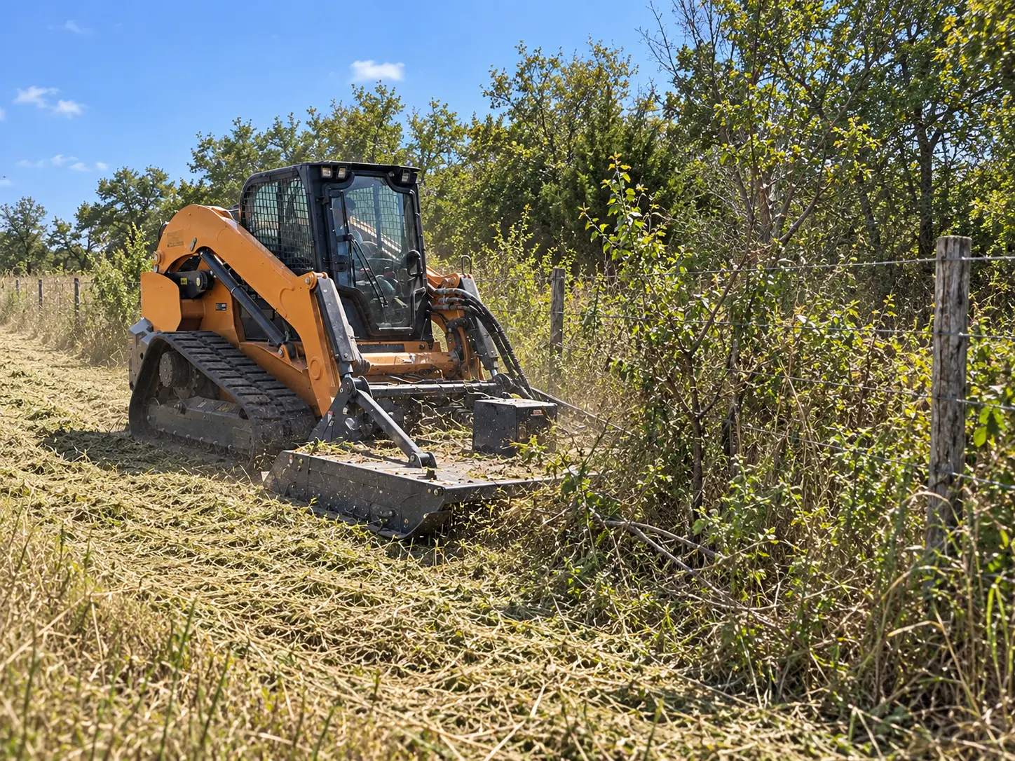Track loader cutting brush back along a barbed wire fence line