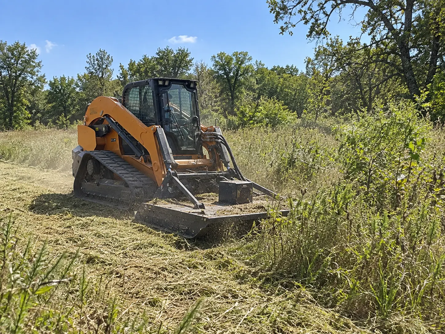 Track loader with a rotary cutter brush hogging an overgrown pasture